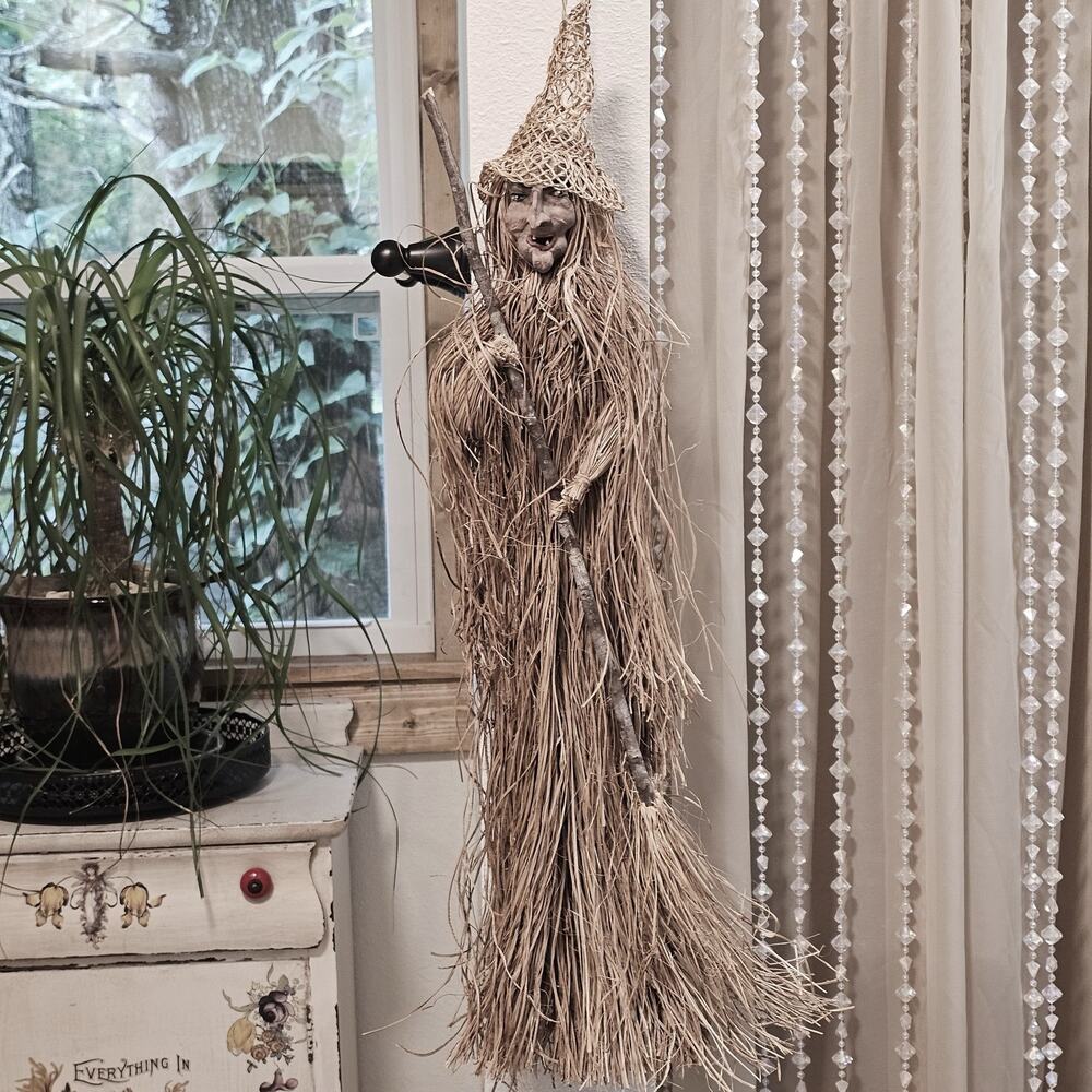 Boho Cottagecore Straw Kitchen Witch Wall Hanging Broom Doll